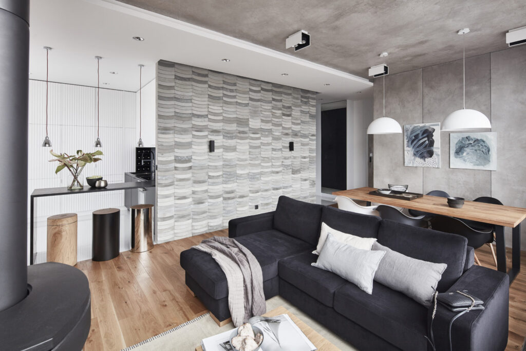 Kafle 3D WAVE z betonu architektonicznego na ścianie w salonie - MILKE - TEKT Concrete - Gabinet Wnętrz